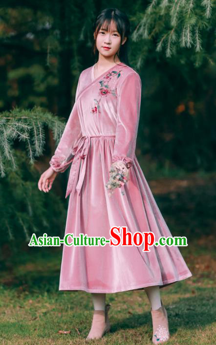 Traditional Chinese National Costume Embroidered Pink Dress Tang Suit Hanfu Dress for Women