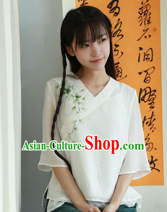 Traditional Chinese National Costume Embroidered Hanfu Blouse Tangsuit White Shirts for Women