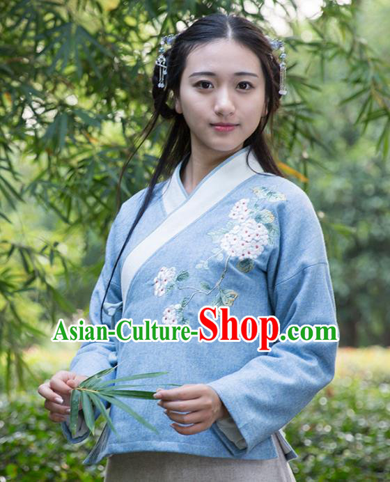 Traditional Chinese National Costume Embroidered Blue Shirts Hanfu Cheongsam Blouse for Women