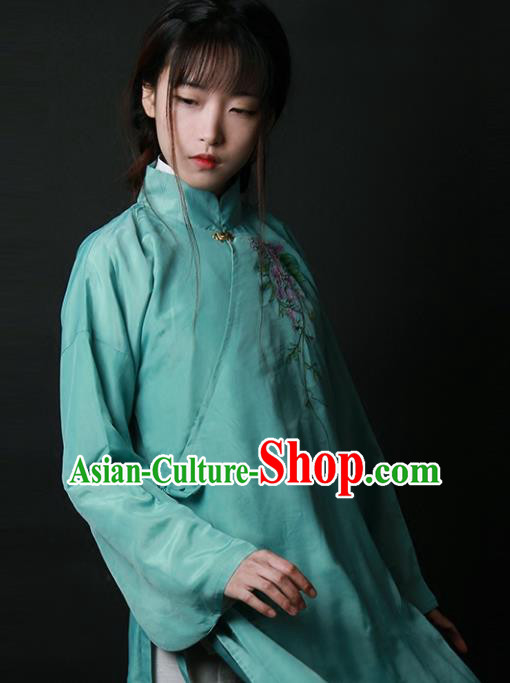 Traditional Chinese National Costume Embroidered Shirts Hanfu Cheongsam Green Blouse for Women