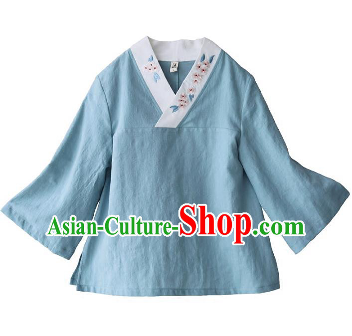 Traditional Chinese National Costume Embroidered Blue Shirts Hanfu Cheongsam Blouse for Women