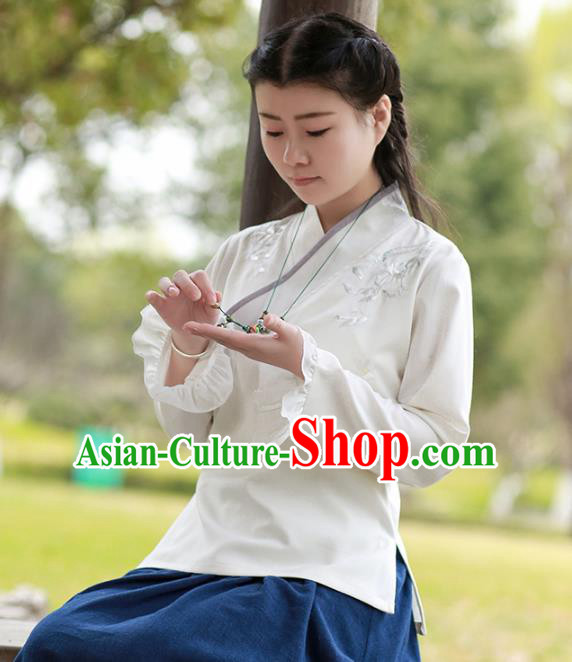 Traditional Chinese National Costume Embroidered White Shirts Hanfu Cheongsam Blouse for Women