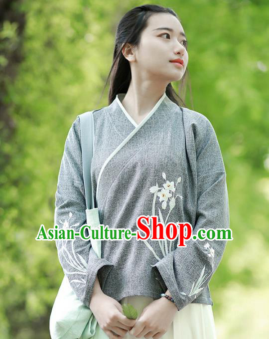 Traditional Chinese National Costume Embroidered Grey Shirts Hanfu Cheongsam Blouse for Women