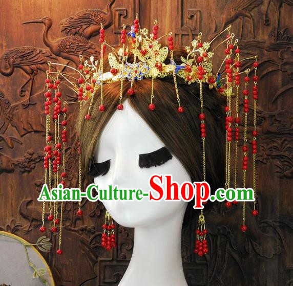 Chinese Handmade Classical Wedding Hair Accessories Ancient Red Phoenix Coronet Headdress for Women