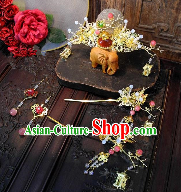 Chinese Handmade Classical Wedding Hair Accessories Ancient Hanfu Jade Phoenix Coronet Headdress for Women