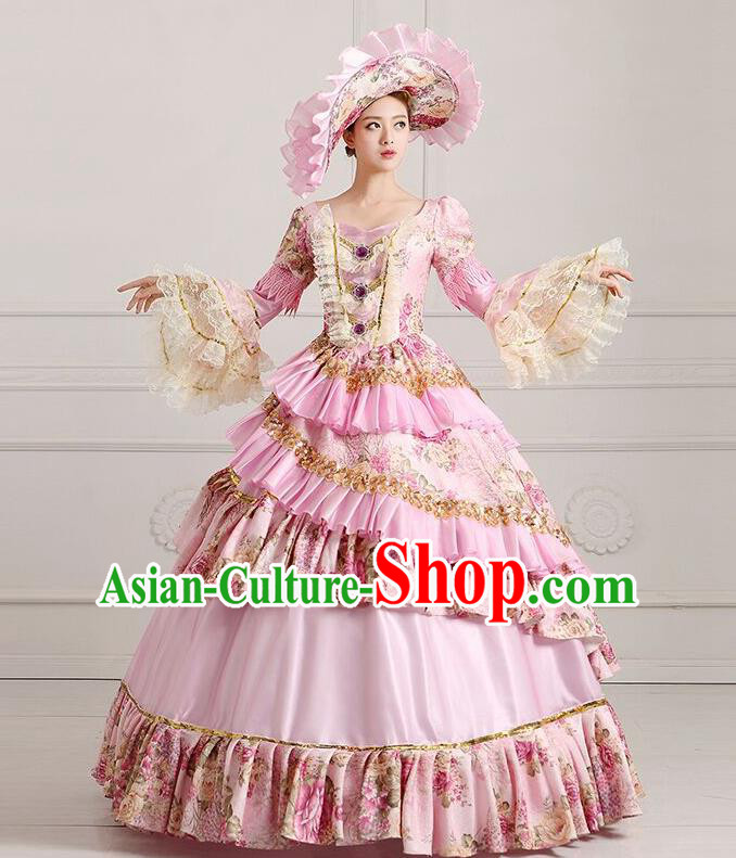 Traditional European Court Princess Renaissance Costume Dance Ball Dowager Pink Full Dress for Women