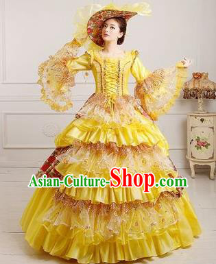 Traditional European Court Dowager Renaissance Costume Dance Ball Yellow Full Dress for Women