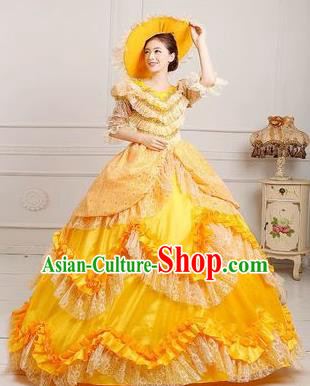 Traditional European Court Princess Renaissance Costume Dance Ball Yellow Layered Full Dress for Women