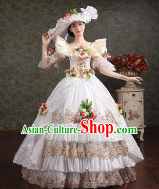 Traditional European Court Princess Renaissance Costume Dance Ball White Layered Full Dress for Women