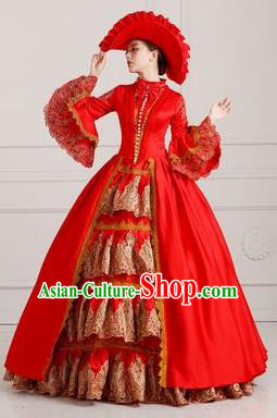 Traditional European Court Princess Renaissance Costume Dance Ball Red Layered Full Dress for Women