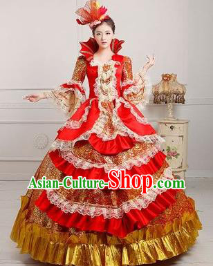 Traditional European Court Princess Renaissance Costume Dance Ball Red Bubble Full Dress for Women