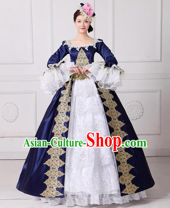 Traditional European Court Princess Renaissance Costume Dance Ball Blue Lace Full Dress for Women