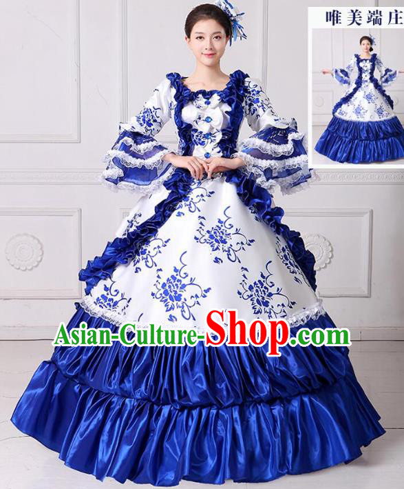 Traditional European Court Noblewoman Renaissance Costume Dance Ball Princess Blue Dress for Women