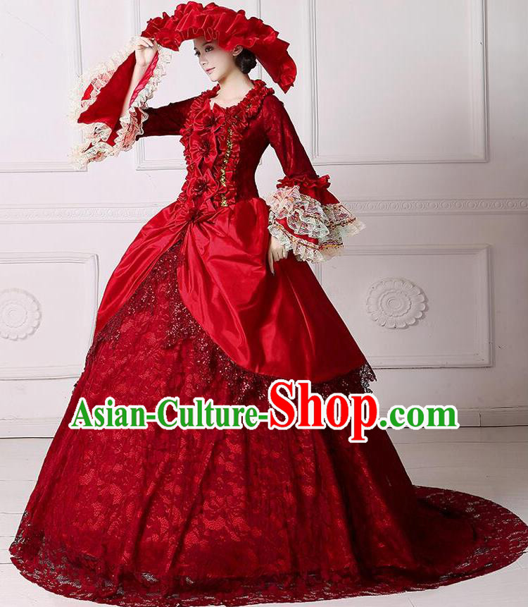 Traditional European Court Noblewoman Renaissance Costume Dance Ball Princess Red Lace Dress for Women