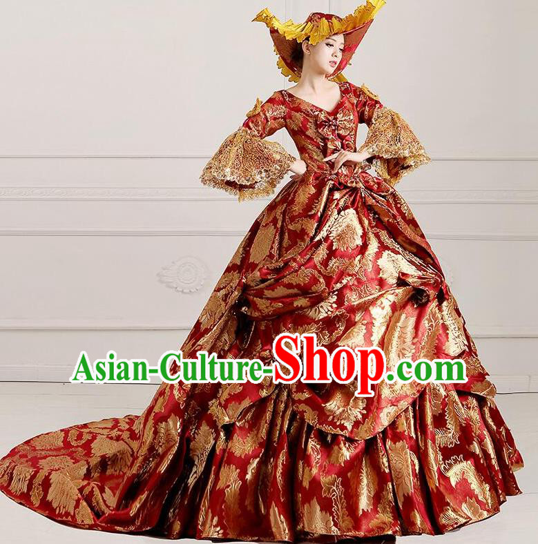 Traditional European Court Noblewoman Renaissance Costume Dance Ball Princess Palace Trailing Red Dress for Women