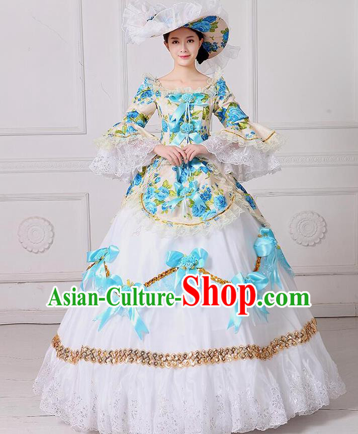 Traditional European Court Noblewoman Renaissance Costume Dance Ball Princess Blue Bowknot Dress for Women