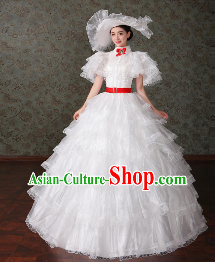 Traditional European Court Noblewoman Renaissance Costume Dance Ball Princess White Veil Dress for Women