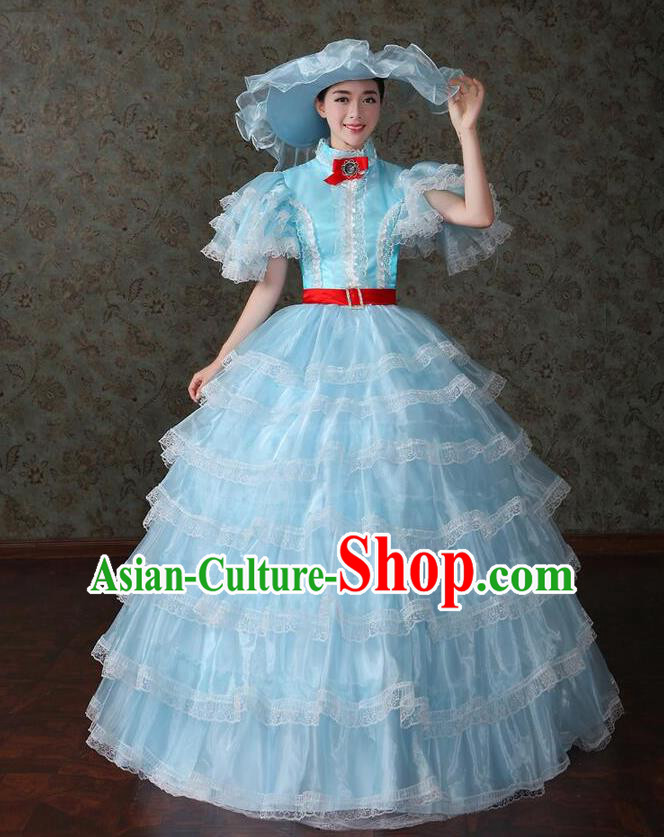 Traditional European Court Noblewoman Renaissance Costume Dance Ball Princess Blue Veil Dress for Women