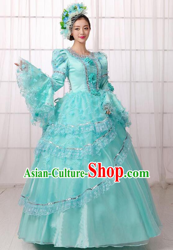 Traditional European Court Noblewoman Renaissance Costume Dance Ball Princess Green Veil Dress for Women