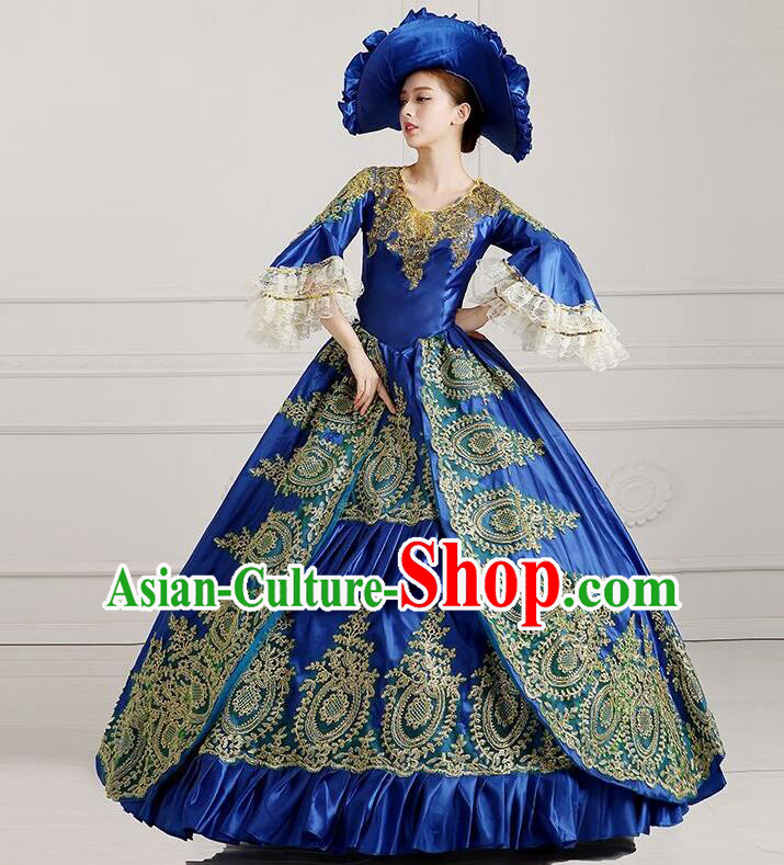 Traditional European Court Princess Renaissance Costume Stage Performance Dance Ball Dowager Royalblue Full Dress for Women