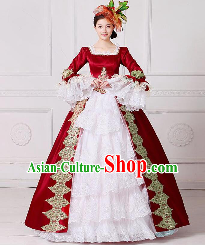 Traditional European Court Princess Renaissance Costume Stage Performance Dance Ball Dowager Wine Red Full Dress for Women