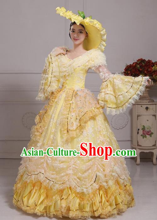 Traditional European Court Noblewoman Renaissance Costume Dance Ball Princess Yellow Bubble Dress for Women
