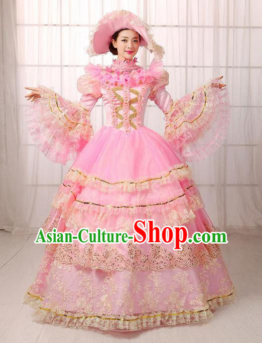 Traditional European Court Noblewoman Renaissance Costume Dance Ball Princess Pink Full Dress for Women