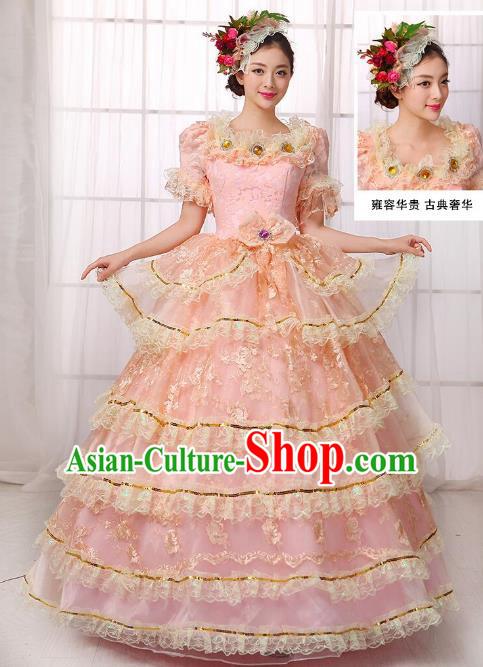 Traditional European Court Noblewoman Renaissance Costume Dance Ball Princess Pink Lace Full Dress for Women