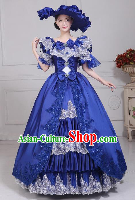 Traditional European Court Noblewoman Renaissance Costume Dance Ball Princess Blue Satin Full Dress for Women