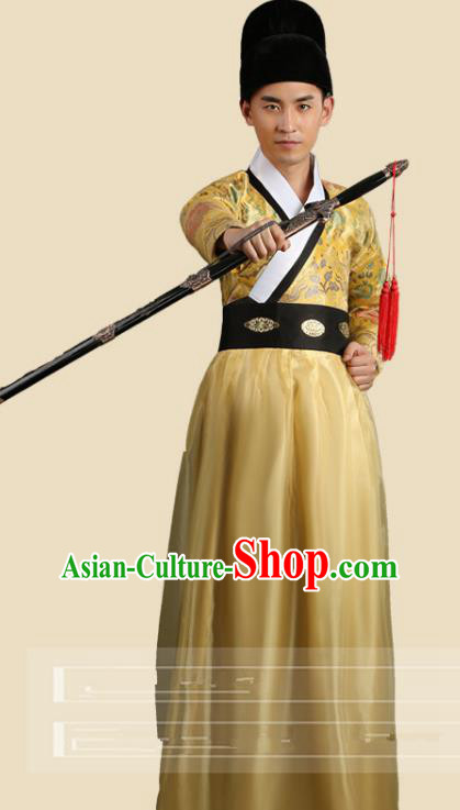 Traditional China Ancient Song Dynasty Imperial Bodyguard Costume Swordsman Yellow Robe Clothing for Men