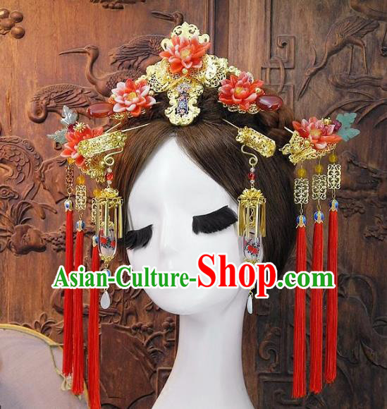 Chinese Handmade Classical Wedding Hair Accessories Ancient Hanfu Red Lotus Phoenix Coronet for Women