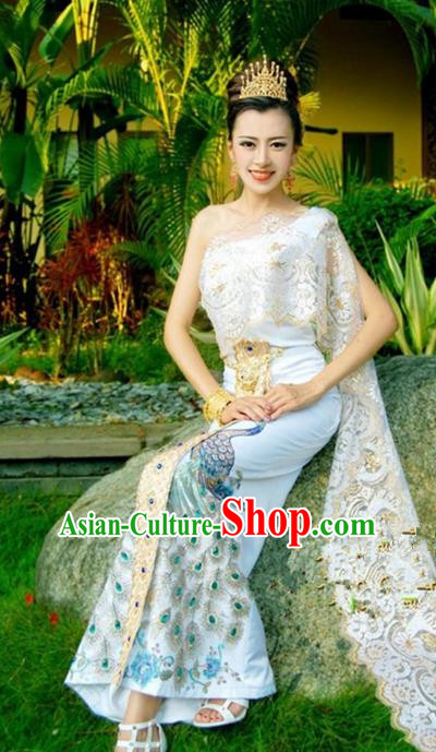 Traditional Asian Thailand Stage Performance Costume National Printing Peacock Dress for Women