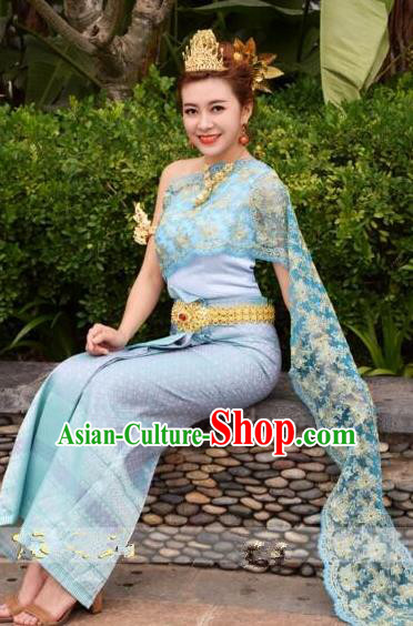 Traditional Asian Thailand Stage Performance Costume National Blue Dress for Women