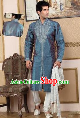 Traditional Asian India Stage Performance Peacock Blue Costume Hindustan Indian Prince National Clothing for Men