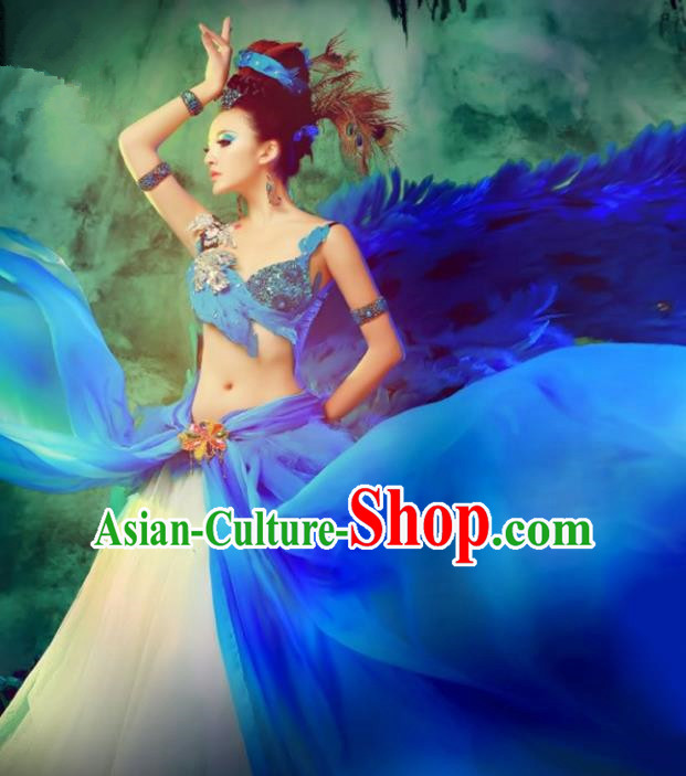 Traditional Chinese Peacock Dance Costume Pavane Blue Dress and Headpiece for Women