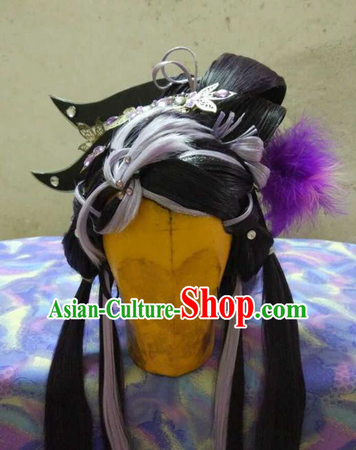 Traditional China Ancient Cosplay Swordswoman Hair Accessories Wig and Headwear for Women