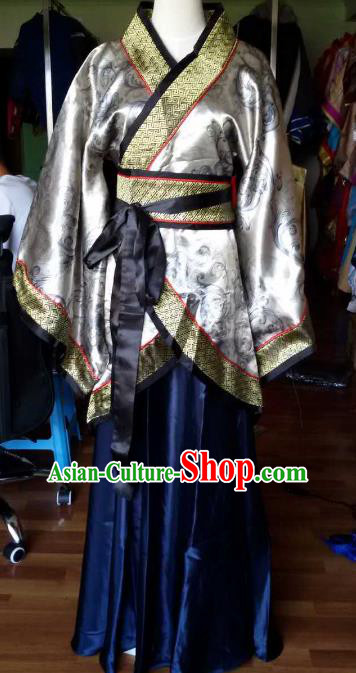 Traditional China Ancient Han Dynasty Royal Princess Costume Hanfu Grey Curving-front Robe for Women