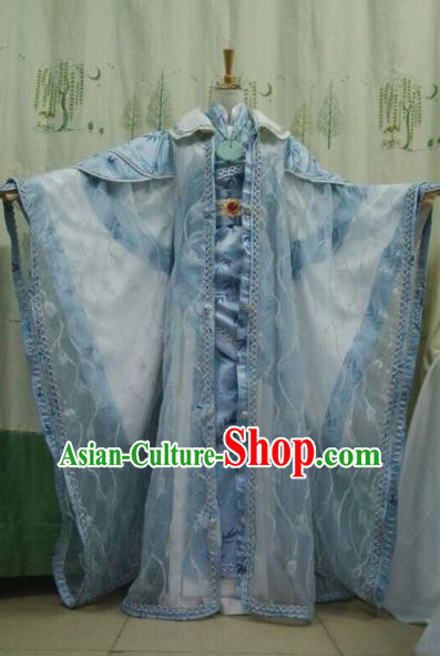 China Ancient Cosplay Halloween Swordswoman Costume Traditional Princess Hanfu Blue Dress for Women