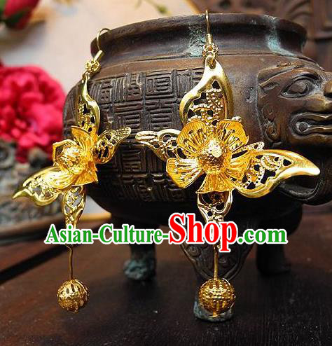 Asian Chinese Traditional Handmade Jewelry Accessories Palace Lady Golden Butterfly Earrings for Women