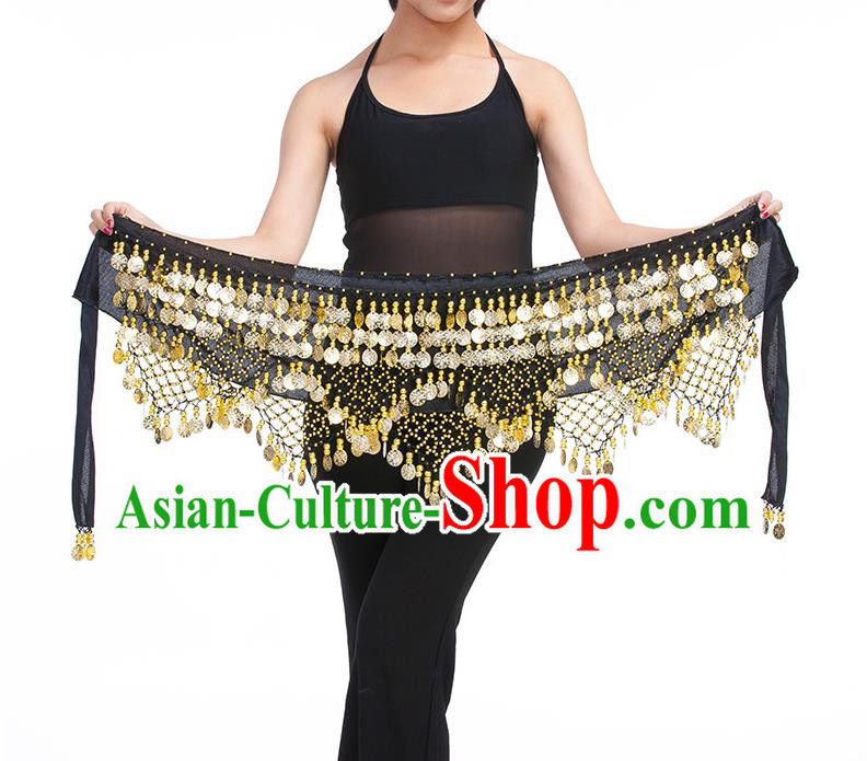 Asian Indian Belly Dance Golden Paillette Black Waistband Accessories India Raks Sharki Belts for Women