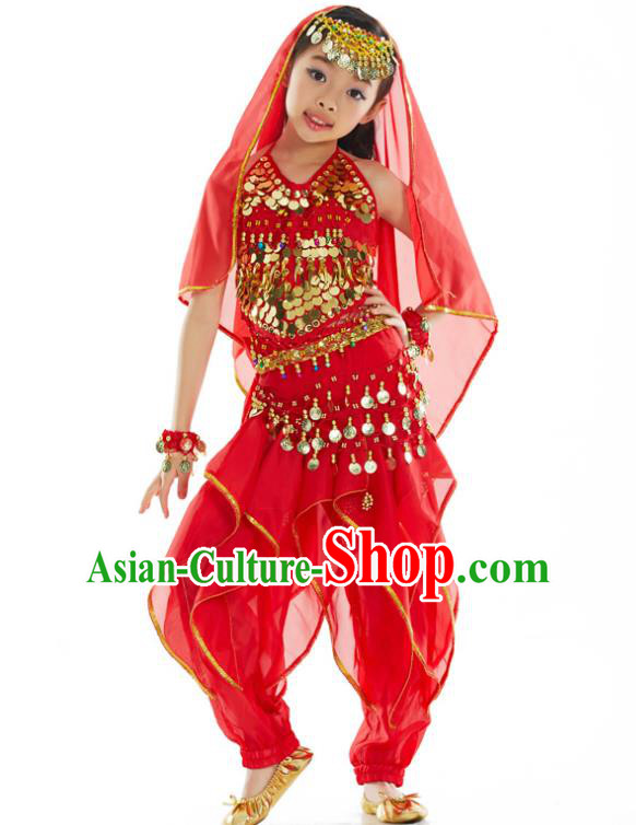 Asian Indian Belly Dance Costume Stage Performance India Raks Sharki Red Dress for Kids