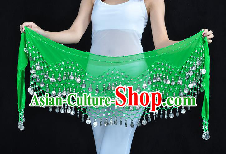 Asian Indian Belly Dance Argent Paillette Green Silk Waistband Accessories India Raks Sharki Belts for Women