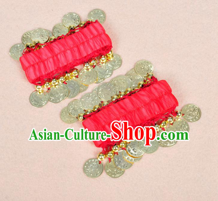 Oriental Indian Belly Dance Accessories Red Bracelets India Stage Performance Golden Coin Bangle for Women