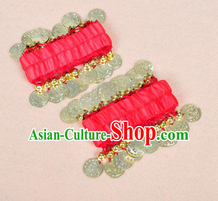 Oriental Indian Belly Dance Accessories Red Bracelets India Stage Performance Golden Coin Bangle for Women