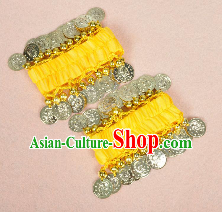 Oriental Indian Belly Dance Accessories Yellow Bracelets India Stage Performance Golden Coin Bangle for Women