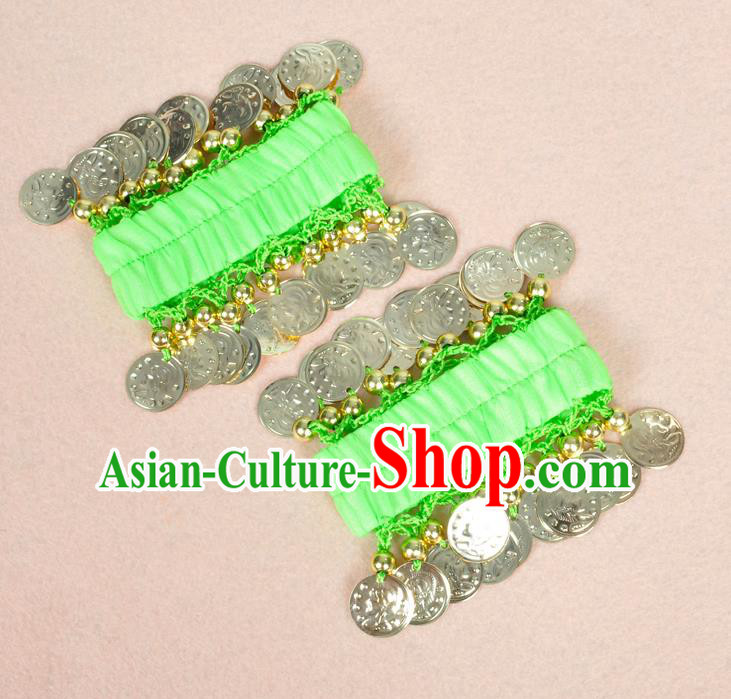 Oriental Indian Belly Dance Accessories Light Green Bracelets India Stage Performance Golden Coin Bangle for Women