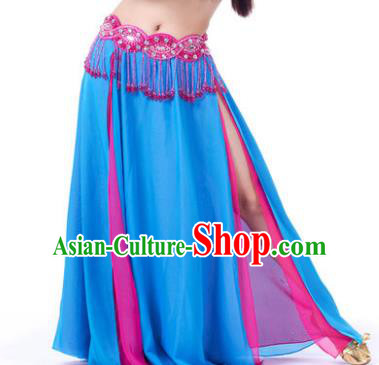 Asian Indian Belly Dance Costume Stage Performance Blue and Rosy Skirt, India Raks Sharki Slit Dress for Women