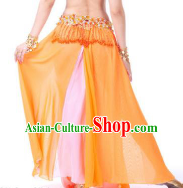 Asian Indian Belly Dance Costume Stage Performance Orange and Pink Skirt, India Raks Sharki Slit Dress for Women