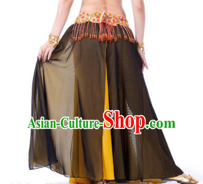 Asian Indian Belly Dance Costume Stage Performance Black and Yellow Skirt, India Raks Sharki Slit Dress for Women