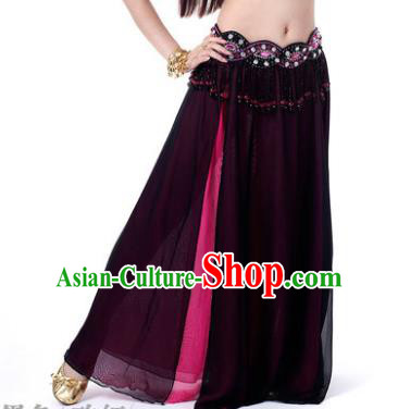 Asian Indian Belly Dance Costume Stage Performance Purple and Rosy Skirt, India Raks Sharki Slit Dress for Women